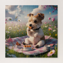 Dandie Dinmont Terrier em um piquenique