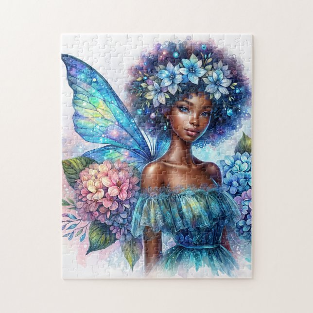 Quebra-cabeça Dark-Skinned Fairy With Afro and Hydrangeas Puzzle (Vertical)