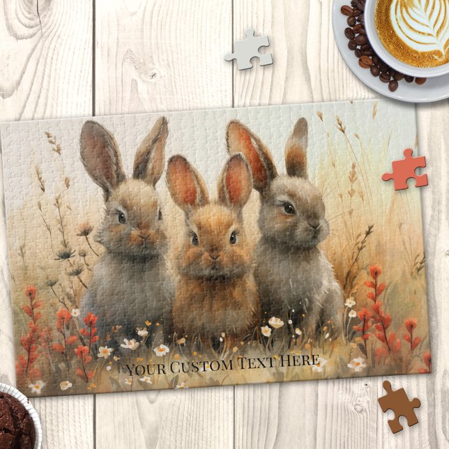 Quebra-cabeça de animais de coelhinhos (Puzzle featuring 3 cute bunnies in a floral country scene. An adorable rabbit puzzle for Easter)