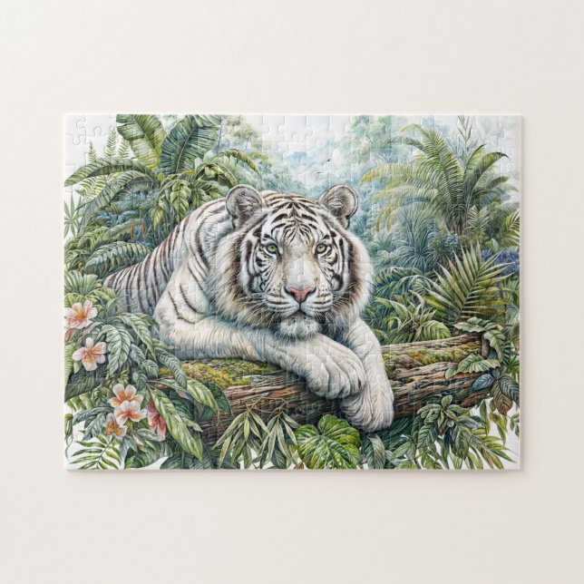 Quebra-cabeça de Aquarela da Selva do Tigre Branco (Horizontal)
