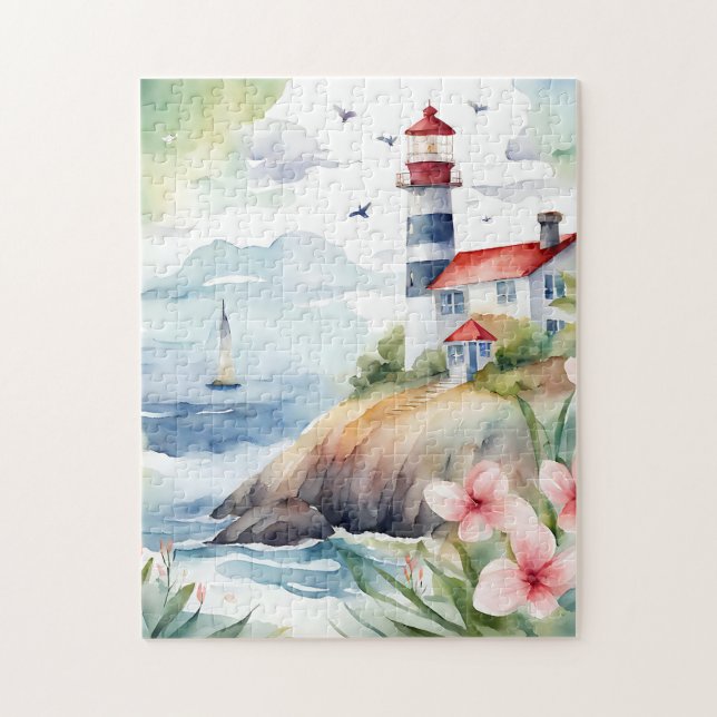 Quebra-cabeça de Aquarela do Farol Costeiro (Vertical)