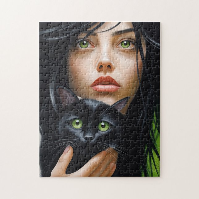 QUEBRA-CABEÇA DE ARTE DE MENINA E GATO (Vertical)