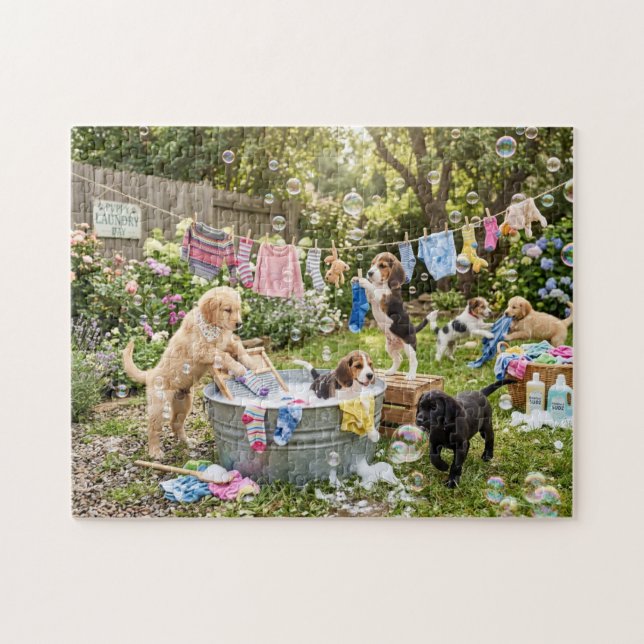 Quebra-cabeça de Cachorrinhos Lavando Roupa (Horizontal)