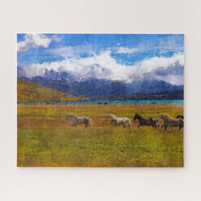 Quebra-cabeça de Cavalos Selvagens em Aquarela (Horizontal)