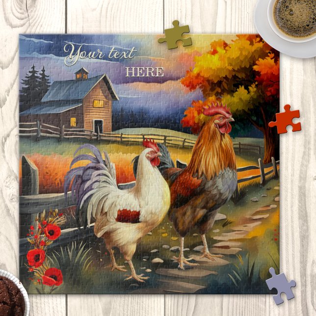 Quebra-cabeça de Fazenda de galinha de galinha de  (Puzzle featuring a colorful fine art painting of a rooster and chicken with a farm in the country)