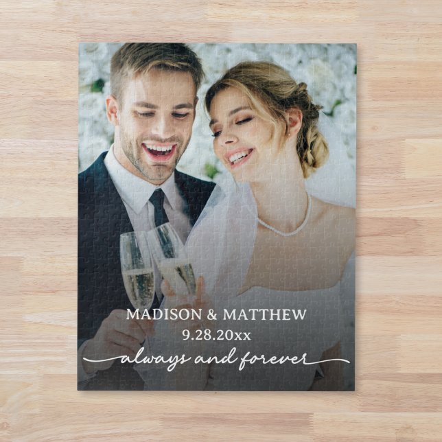Quebra-cabeça de Foto de Casamento Personalizado (elegant always and forever personalized wedding photo puzzle with custom name and wedding date)