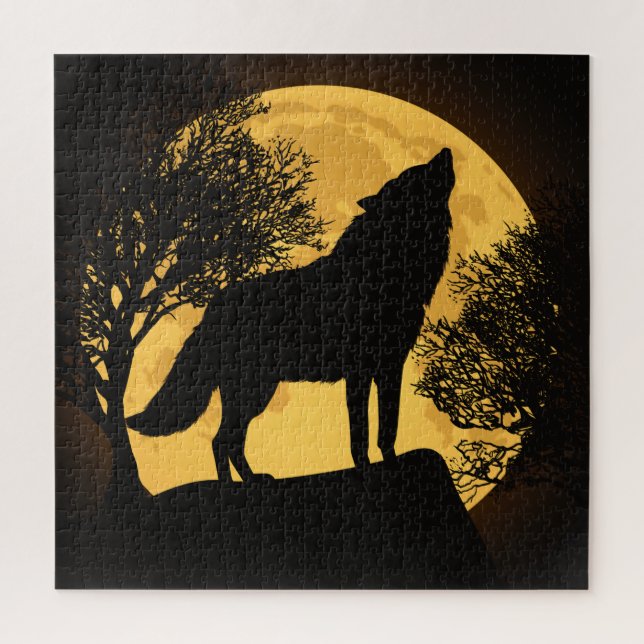 Quebra-cabeça de Lobo e Lua Preta e Amarelo (Vertical)