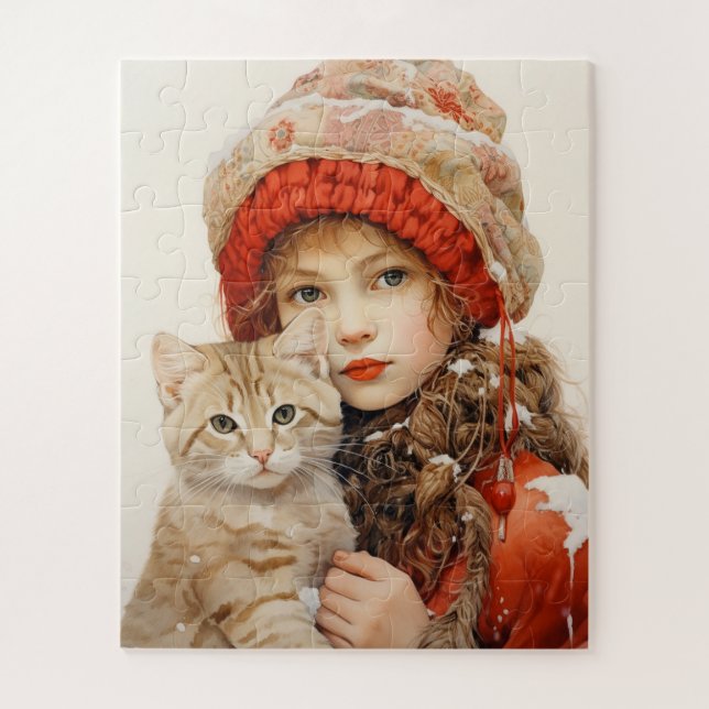 QUEBRA-CABEÇA DE MENINA E GATO (Vertical)