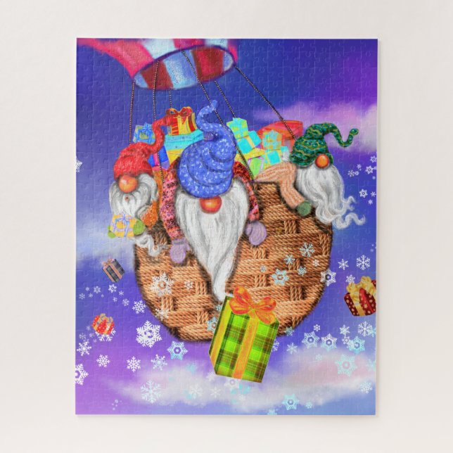 Quebra-cabeça de Natal Gnomos presentes voando com (Vertical)