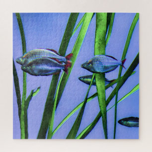Quebra-cabeça de peixe em azul com gramíneas