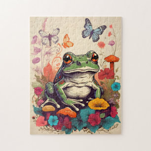 Quebra-cabeça de Sapo Cottagecore Borboletas Retrô