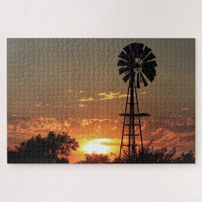 Quebra-cabeça de Sunset de Kansas Windmill (Horizontal)