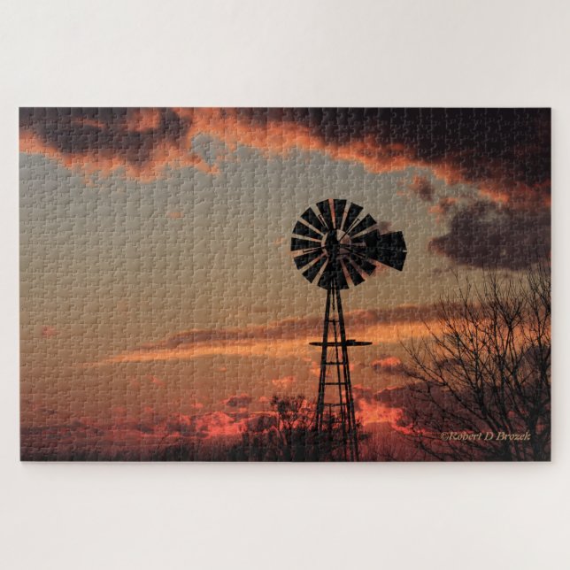 QUEBRA-CABEÇA de Sunset Silhouette de Kansas Windm (Horizontal)