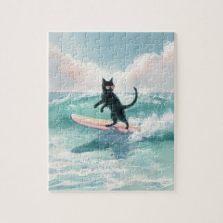 Quebra-cabeça de Surfe de Gato Preto com Aquarela