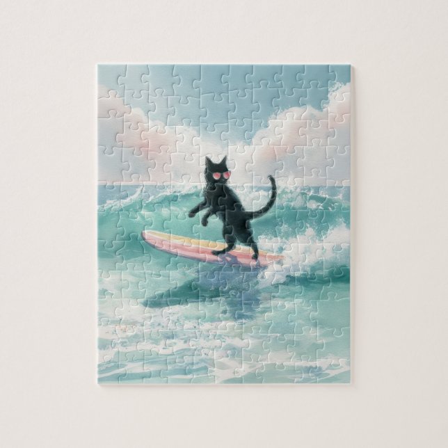 Quebra-cabeça de Surfe de Gato Preto com Aquarela (Vertical)