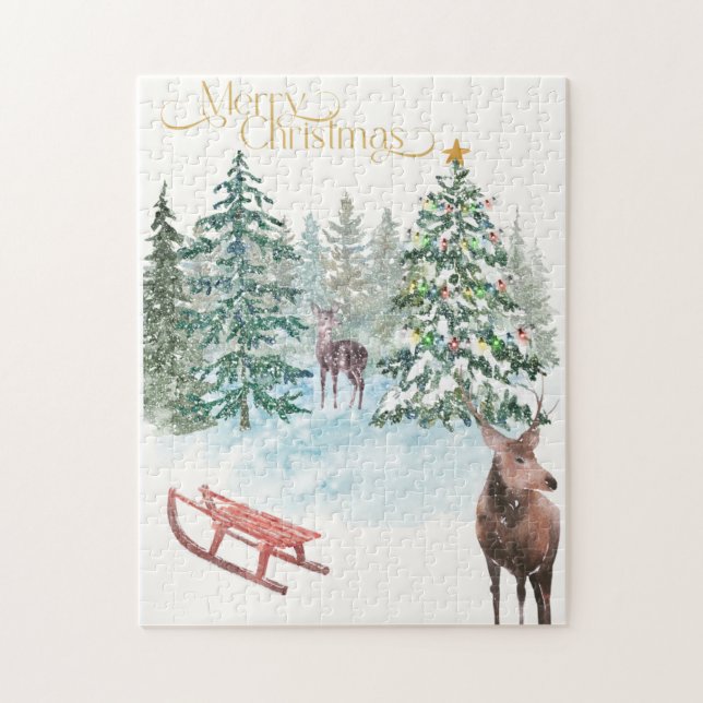 Quebra-cabeça de Veado de Natal em Aquarela (Vertical)