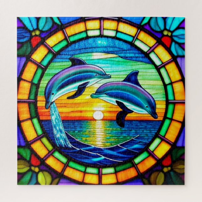 Quebra-Cabeça de Vidro Pintado Dolphin Sunrise Par (Vertical)