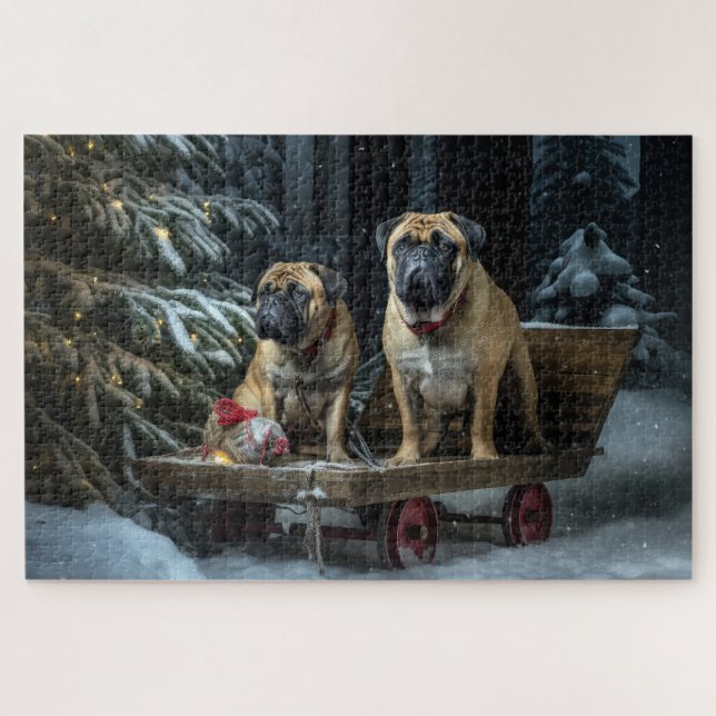 Quebra-cabeça Decado de Natal Bullmastiff Snowy Sleigh (Horizontal)