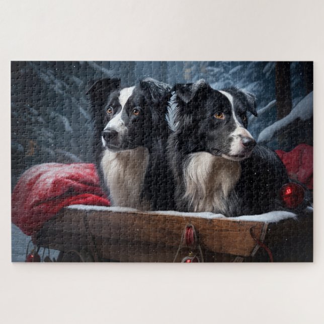 Quebra-cabeça Decoração de Natal Border Collie Snowy Sleigh Chri (Horizontal)