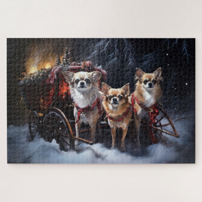 Quebra-cabeça Decoração de Natal Chihuahua Snowy Sleigh (Horizontal)