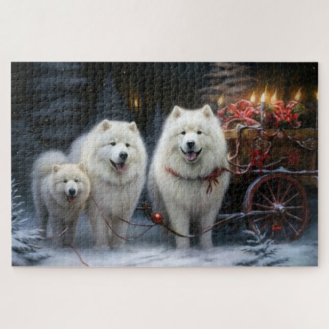 Quebra-cabeça Decoração de Natal com Trenó de Neve Samoyed (Horizontal)
