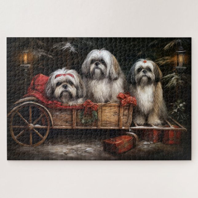 Quebra-cabeça Decoração de Natal de Lhasa Apso Snowy Sleigh (Horizontal)