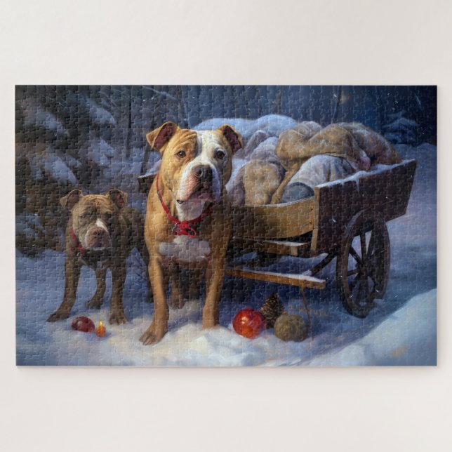 Quebra-cabeça Decoração de Natal Pitbull Snowy Sleigh (Horizontal)