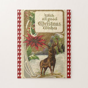 Quebra-cabeça Deer em uma Madeira de neve, Poinsettia no Natal