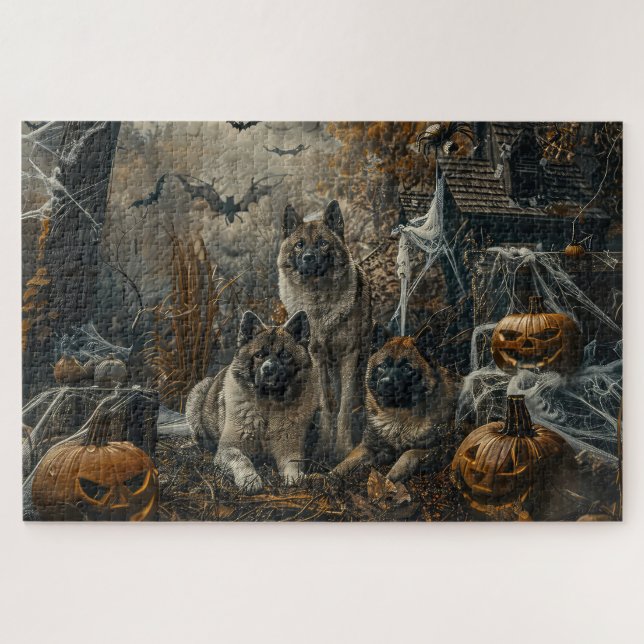 Quebra-cabeça Delícia Canina Noturna de Halloween de Akita (Horizontal)