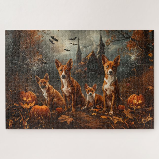 Quebra-cabeça Delícia Canina Noturna de Halloween para Basenji (Horizontal)