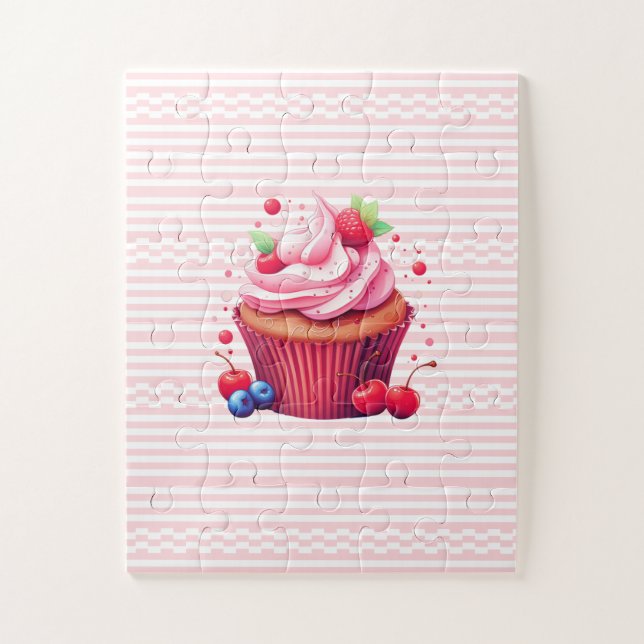 Quebra-cabeça Delicioso Cupcake de Morango Rosa Branco Puzzles  (Vertical)