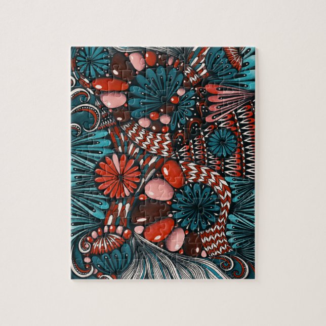 Quebra-cabeça Desafiador Zentangle Azul-turquesa e Vermelho Cora (Vertical)