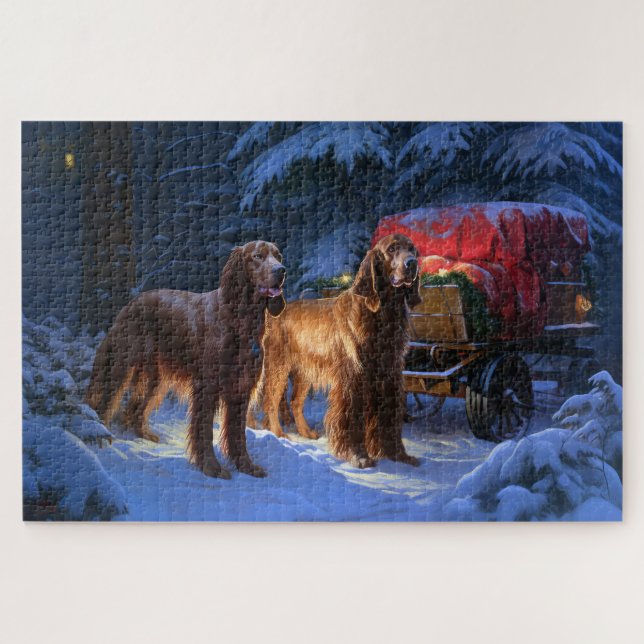 Quebra-cabeça Desconto de Natal do Irish Red Setter Snowy Sleigh (Horizontal)