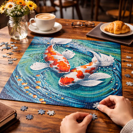 Quebra-cabeça Desenho Artístico de Coloridos Peixes Koi em Água 