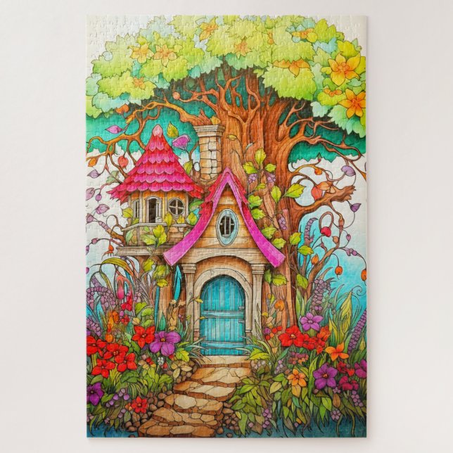 Quebra-cabeça Desenho da Casa de Cogumelo Mágico na Árvore (Vertical)