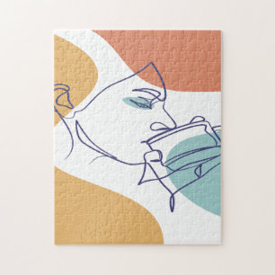 Quebra-cabeça desenho de arte linear pôster de mulher bebendo ca