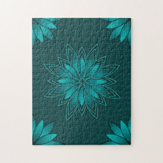 Quebra-cabeça Desenho de Mandala de Folha Verde-azulado em Ciano (Vertical)