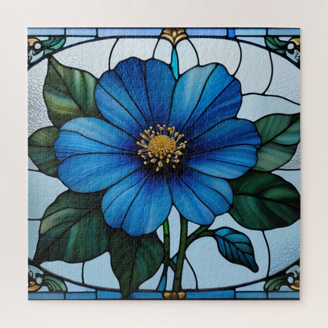 Quebra-cabeça 🔷 Desenho Floral em Vidro Colorido Azul  (Vertical)