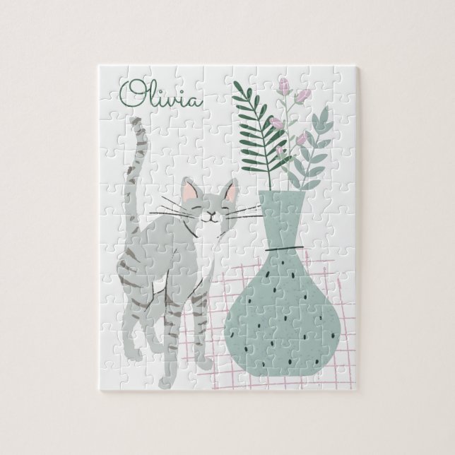 Quebra-cabeça Desenho Personalizado de Gato e Flores Boho (Vertical)