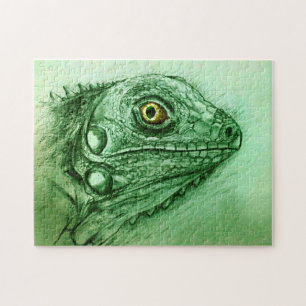 Quebra-cabeça Desenho Realista do Iguana Verde, Corajoso