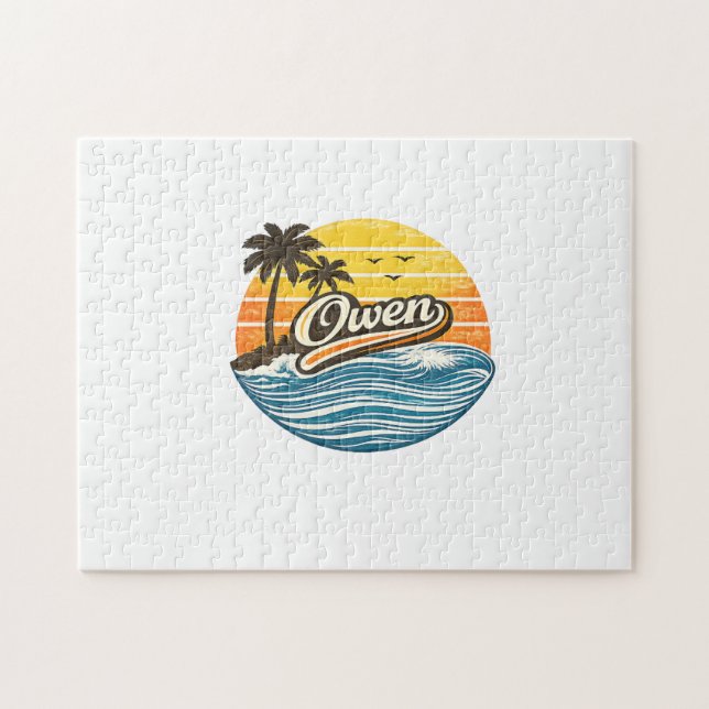 Quebra-cabeça Design de Nome Owen Retro Pôr do Sol (Horizontal)