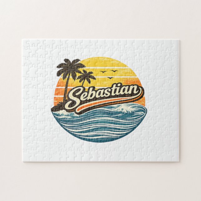 Quebra-cabeça Design de Nome Sebastian Retro Pôr do Sol (Horizontal)