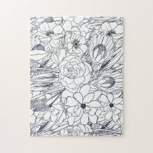Quebra-cabeça Design de Rapariga Floral Desenhada em Linha Moder