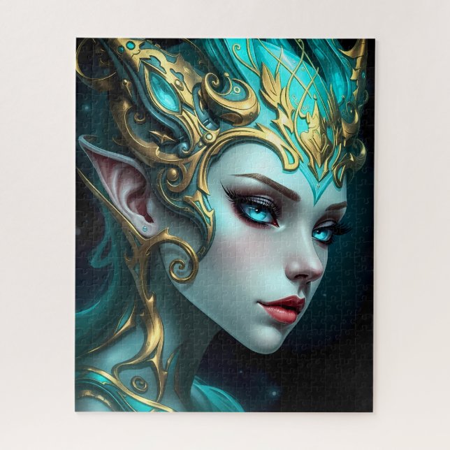 Quebra-cabeça Deusa Elfa Teal Etérea com Tiara Dourada (Vertical)