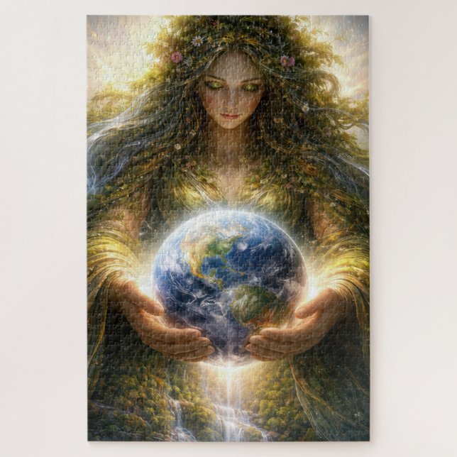 Quebra-cabeça Deusa Gaia Segurando Gentilmente o Planeta Terra (Vertical)