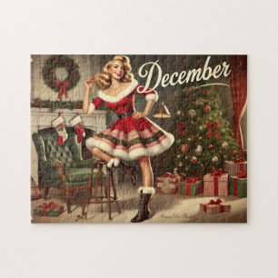 Quebra-cabeça Dezembro Retro Natal Loura Pin-Up Girl
