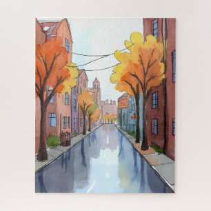Quebra-cabeça Dia Chuvoso em Boston Aquarela Arte de Viagem MA