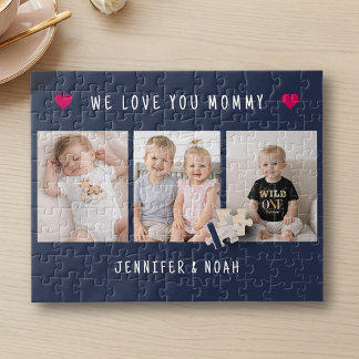 Quebra-cabeça Dia das Mães Personalizado 3 Fotos Corações Azul M