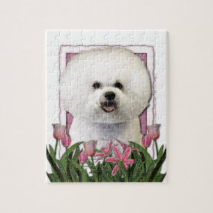 Quebra-cabeça Dia das mães - tulipas cor-de-rosa - Bichon Frise