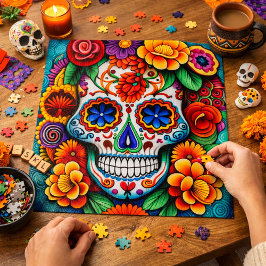 Quebra-cabeça Dia das Morte Colorido Açúcar Crânio Floral